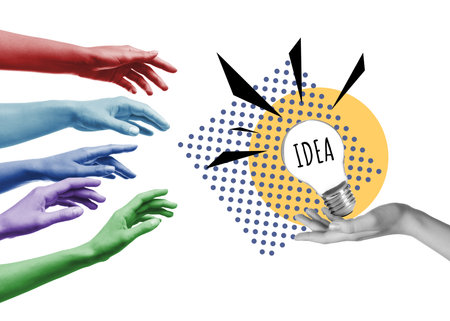 Creative art collage with glowing light bulb and hands on white background. Conceptual poster about...