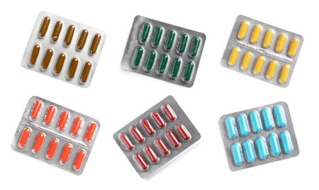 Set of different antibiotics in blisters isolated on whiteの写真素材