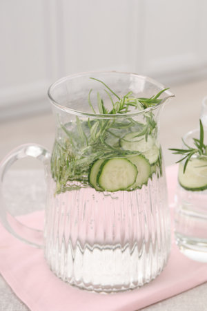 Refreshing cucumber water with rosemary on table in kitchen, closeupの写真素材