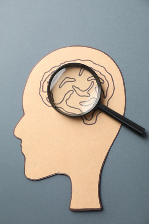 Amnesia. Human head cutout with drawing of brain and magnifying glass on gray background, top viewの写真素材
