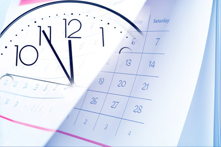 Double exposure of calendar and clock. Time concept