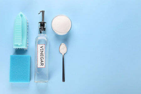 Eco friendly natural cleaners. Flat lay composition with bottle of vinegar on light blue background, space for textの写真素材