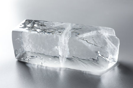 Piece of clear ice on light grey table