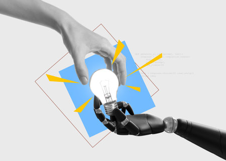 Woman touching light bulb held by robot hand on white background with computer code, creative art collage. Conceptual poster about idea and AIの写真素材