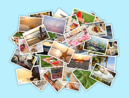Precious summer moments. Many different photos on light blue backgroundの写真素材