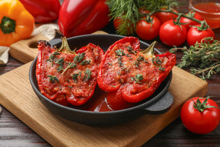 Tasty stuffed peppers in dish on wooden tableの写真素材