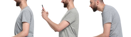 Man with poor and good posture on white background, closeup. Collage of photos