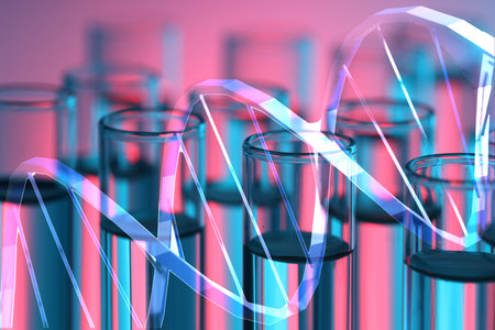 Illustration of DNA and test tubes with samples, double exposure