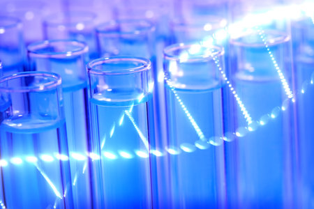 Illustration of DNA and test tubes with samples, double exposure