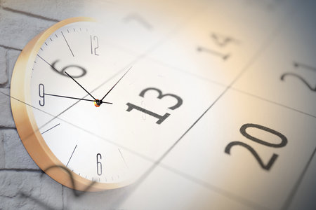 Double exposure of calendar and clock. Time concept