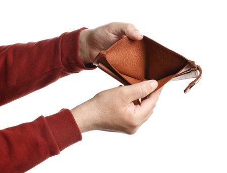 Man with empty wallet on white background, closeup