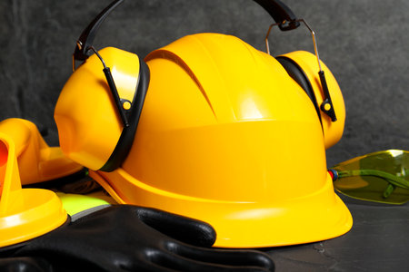 Yellow hard hat, earmuffs and other personal protective equipment on black surface, closeupの写真素材
