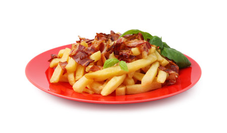 Delicious French fries with slices of bacon and basil isolated on white
