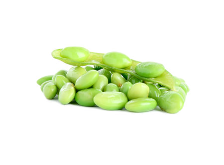 Raw green edamame pod with soybeans isolated on whiteの写真素材