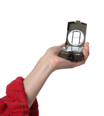 Woman holding compass on white background, closeup