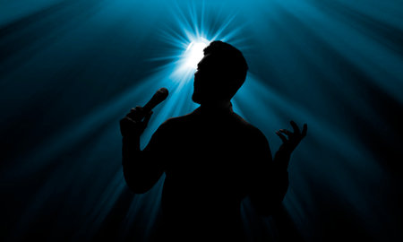 Silhouette of singer on stage in spotlight. Banner design