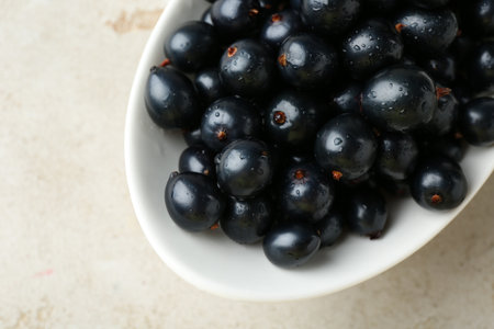 Ripe black currants in bowl on light table, top viewの写真素材