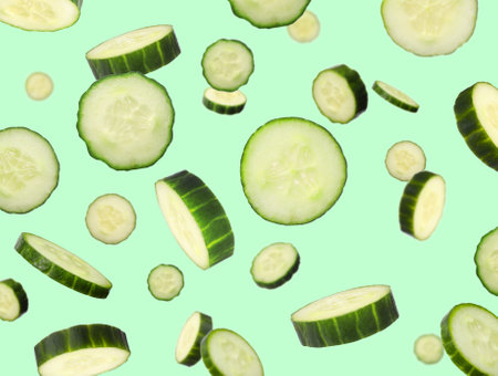 Fresh cucumber slices in air on light green backgroundの写真素材