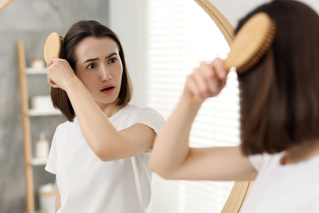 Emotional woman brushing her hair near mirror indoors. Alopecia problemの写真素材