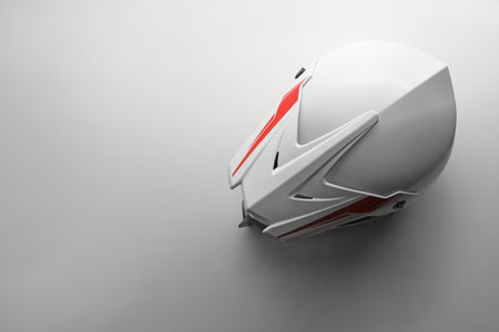 Stylish motorcycle helmet on white background, top view. Space for textの写真素材