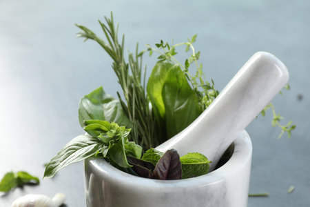 Different aromatic herbs, mortar with pestle on gray background, closeupの写真素材