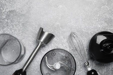 Hand blender kit on grey table, flat layの写真素材