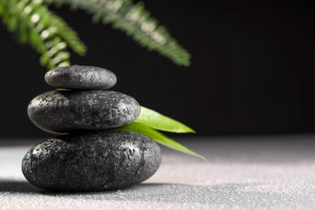 Wet spa stones and green leaves on grey background. Space for textの写真素材