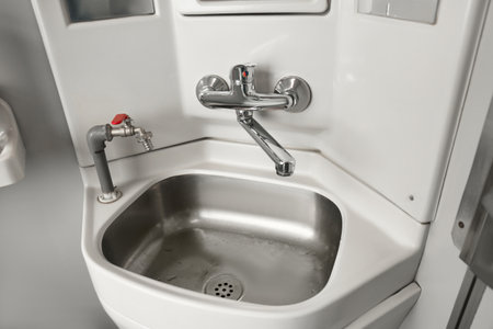 Stainless steel washbasin in train car restroom