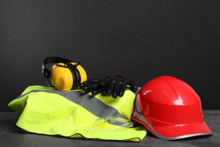 Reflective vest, hard hat, earmuffs, protective gloves and goggles on gray surface, space for textの写真素材