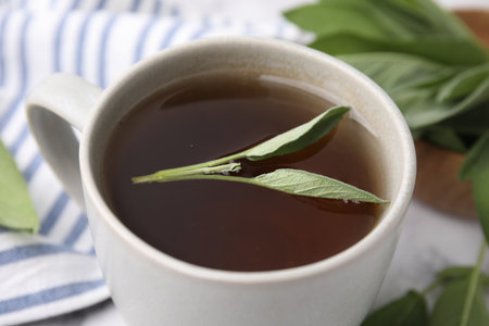 Aromatic herbal tea in cup with sage on white table, closeupの写真素材