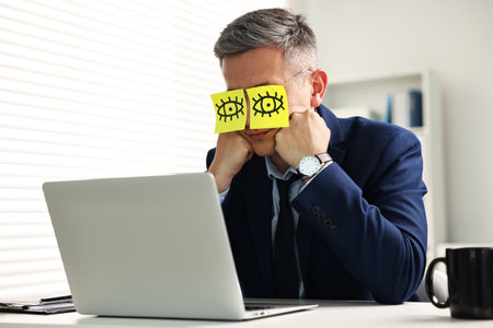 Man with fake eyes painted on sticky notes snoozing at workplace in officeの写真素材
