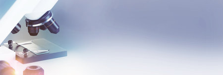 Microscope on blurred background, closeup. Banner design with space for text