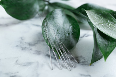 Acupuncture needles and wet green leaves on white marble table, closeup. Space for textの写真素材