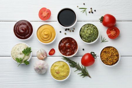 Many different sauces, spices and vegetables on white wooden table, flat layの写真素材