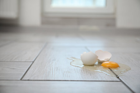Broken raw egg and shell on light gray wooden floor indoors. Space for textの写真素材