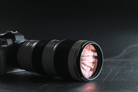 Modern photo camera on black table. Photographer's equipmentの写真素材