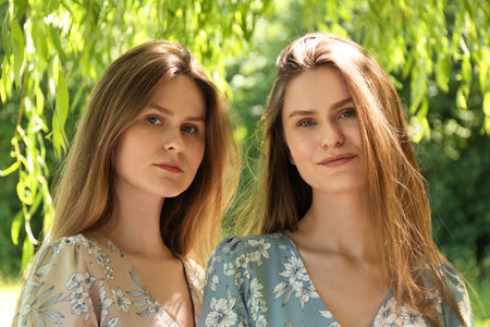 Portrait of two beautiful twin sisters in parkの写真素材