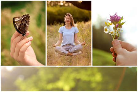 Collage with photos of spending time in nature. Slow livingの写真素材
