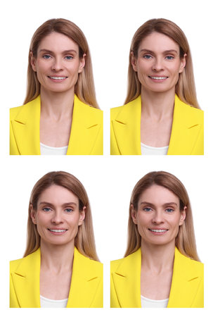 Portrait of woman on white background, set. Passport photoの写真素材