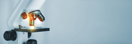 Microscope on color background, closeup. Banner design with space for text