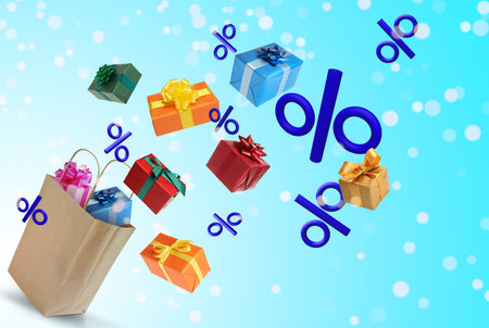 Gift boxes and percent signs flying out of paper shopping bag on light blue gradient background....