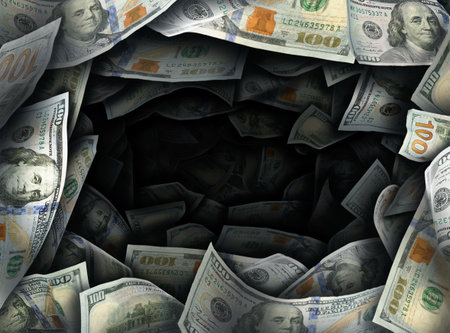 Dollar bills drifting away into darkness. Financial crisis