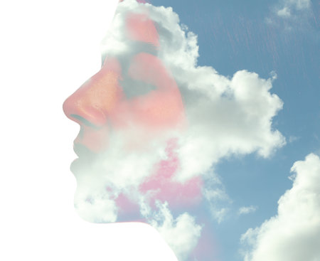 Beautiful woman and picturesque sky with clouds, double exposure