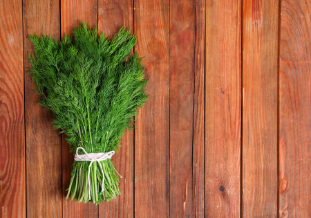 Bunch of fresh green dill on wooden table, top view. Space for textの写真素材