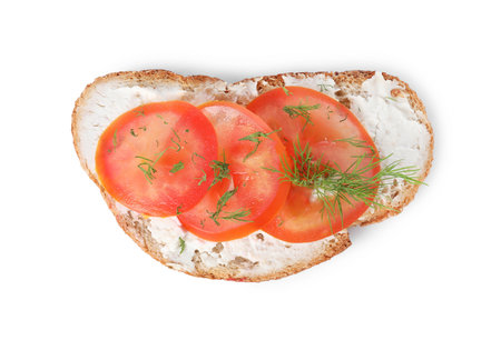 Delicious ricotta bruschetta with sliced tomatoes and dill isolated on white, top viewの写真素材