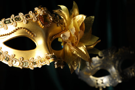 Beautiful carnival masks in darkness, closeup viewの写真素材
