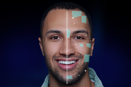 Facial recognition system. Scanning man's face for authentication