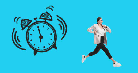 Businesswoman running away from illustration of alarm clock on light blue background, banner design....