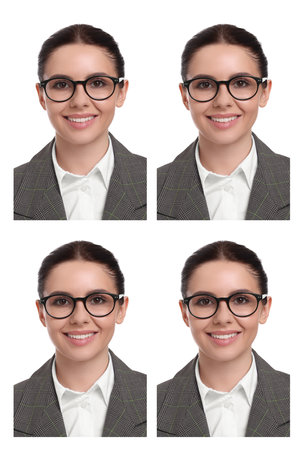 Portrait of woman on white background, set. Passport photoの写真素材