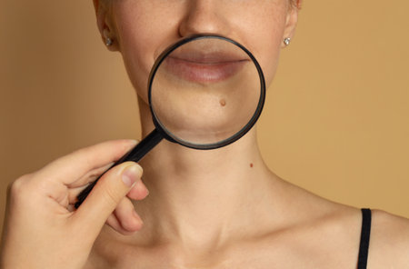 Doctor examining woman's mole with magnifying glass on beige background, closeup